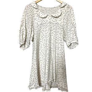 Franche Lippee M White Polka Dot Mini Japanese Cotton Dress w Lace, Puffy Sleeve